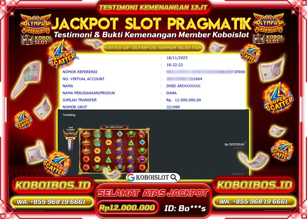 BUKTI KEMENANGAN Bo*** SLOT GACOR GATES OF OLYMPUS SUPER SCATTER Rp12.000.000,- LUNAS