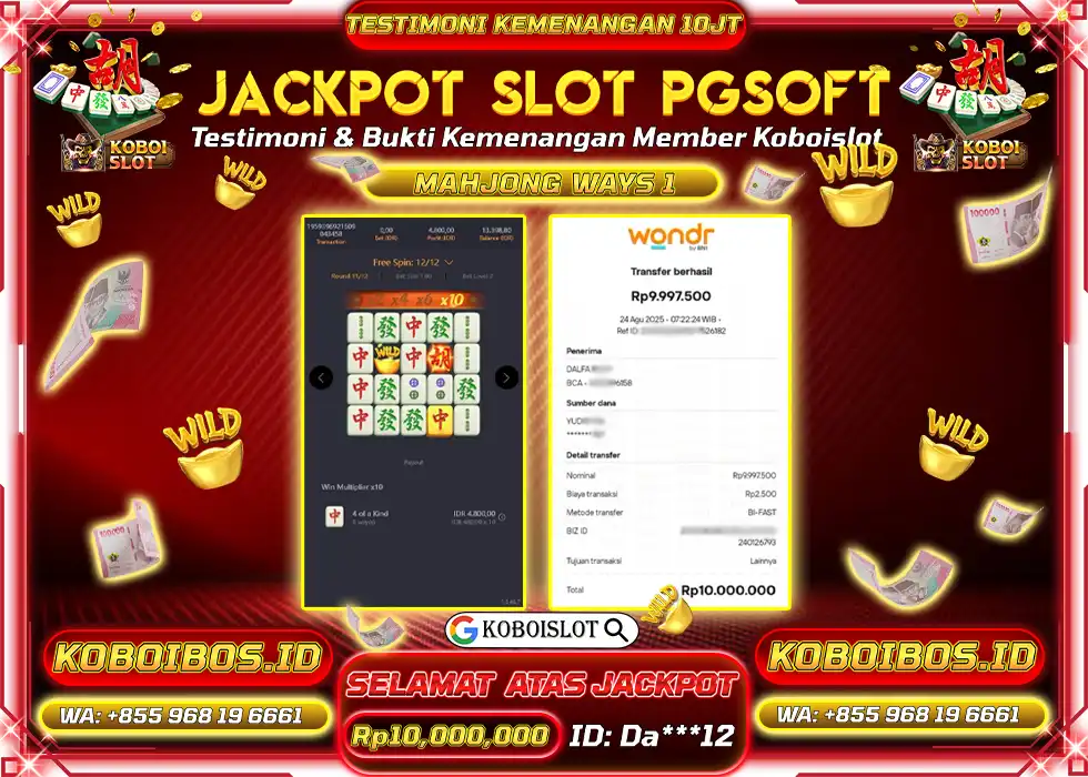 BUKTI KEMENANGAN Da*** SLOT GACOR MAHJONG WAYS 1 Rp10.000.000,- LUNAS