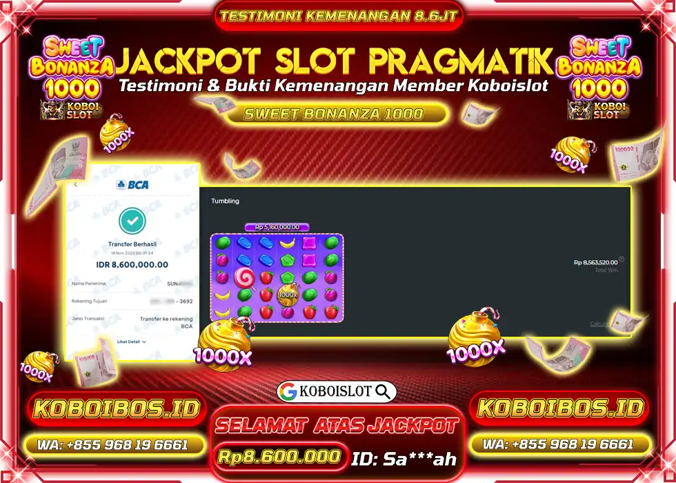 BUKTI KEMENANGAN SLOT SWEET BONANZA 1000 Rp8.600.000,- LUNAS